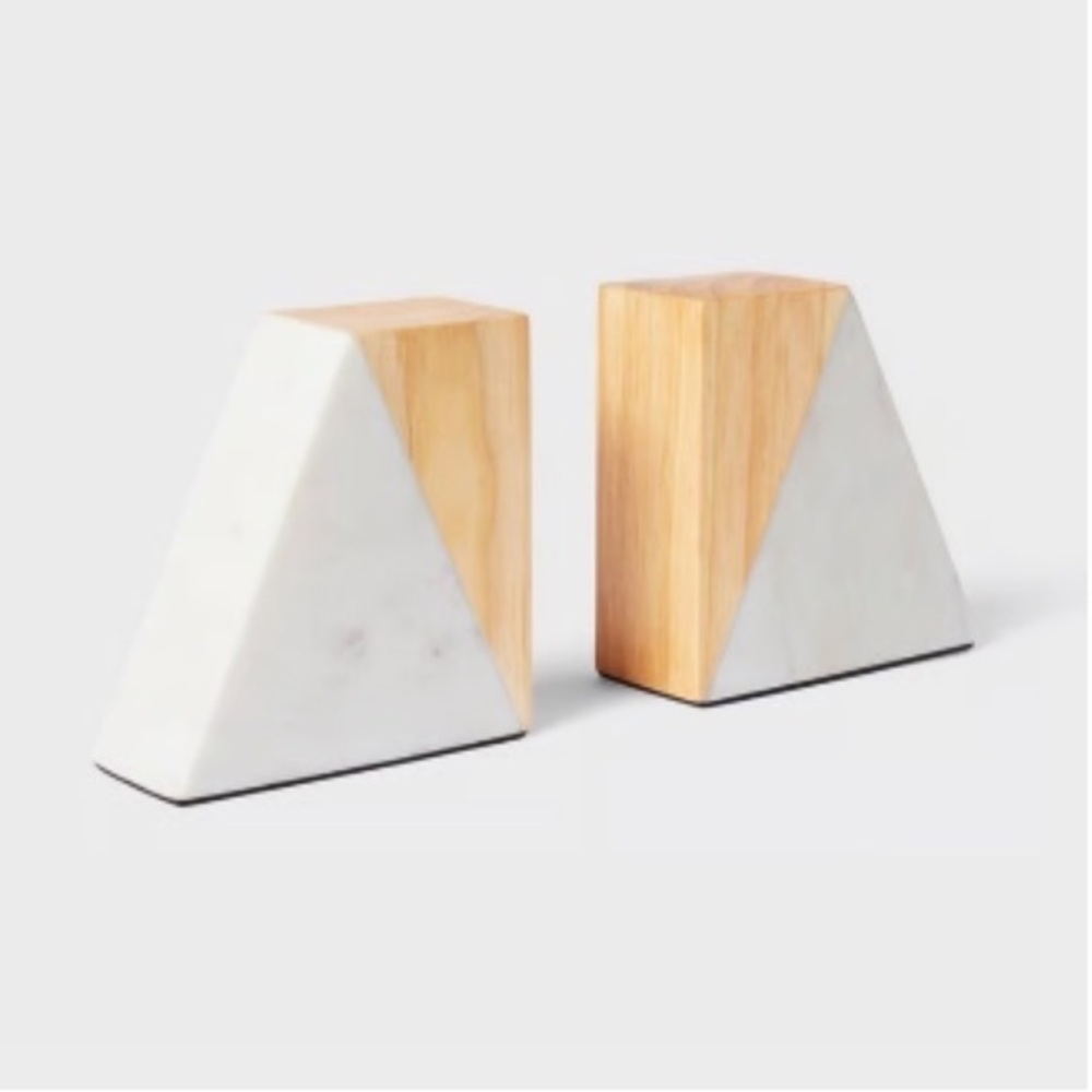 NWT Threshold Marble and Wood Geometric Bookends - White & Light Wood